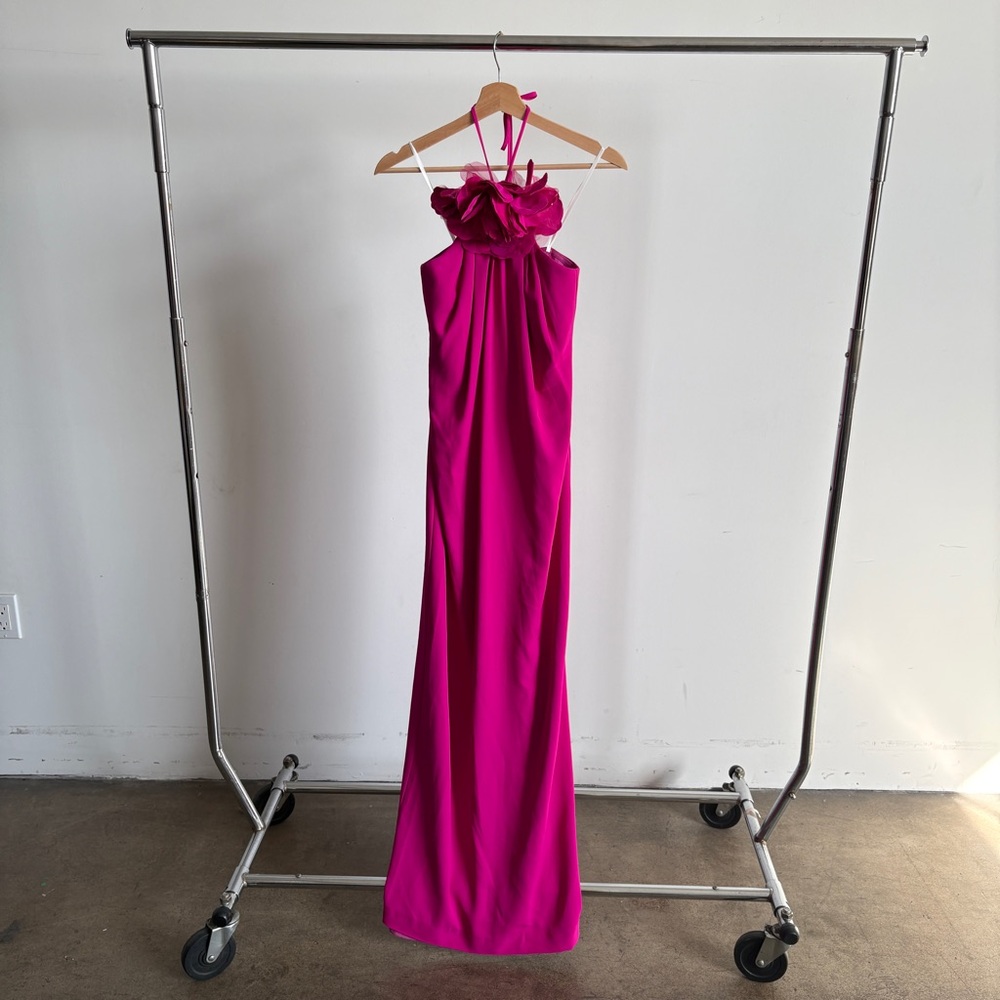 Halston Heritage Hot Pink Halter Maxi Dress with Floral Neck Detail - Picture 6 of 16
